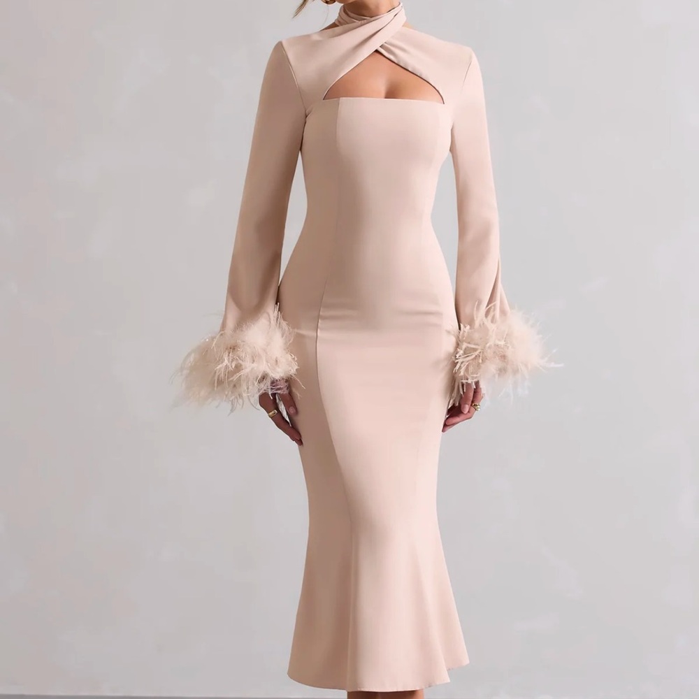 Elegant Beige Long Sleeve Dress with Feather Cuffs
